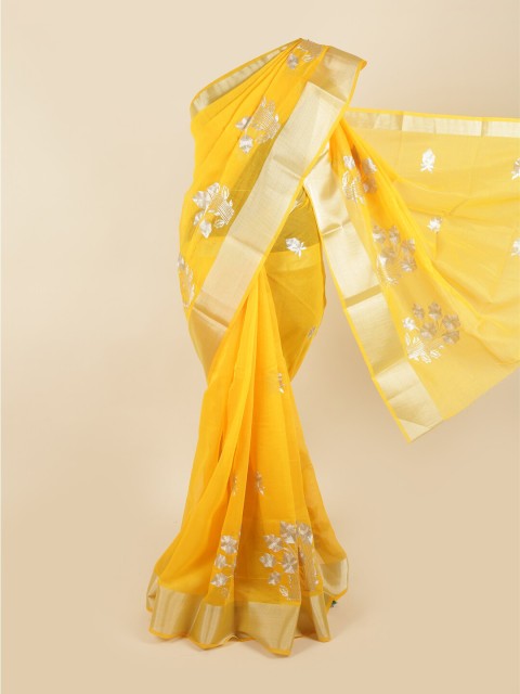 

Pothys Yellow & Silver-Toned Floral Saree