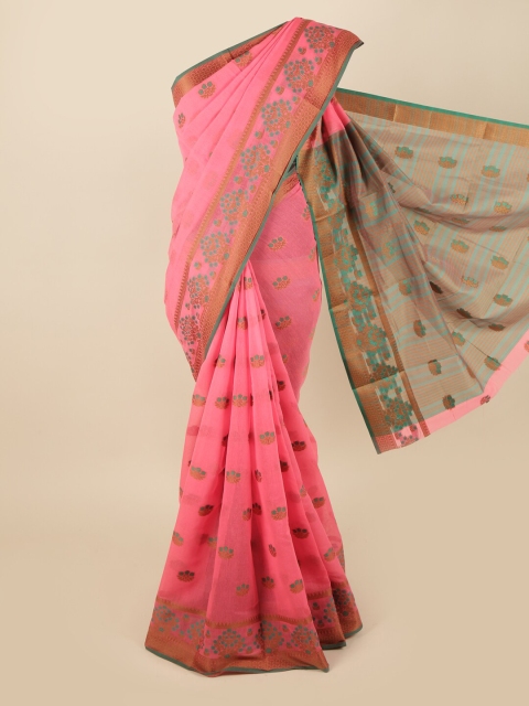 

Pothys Pink & Blue Floral Chanderi Cotton Saree