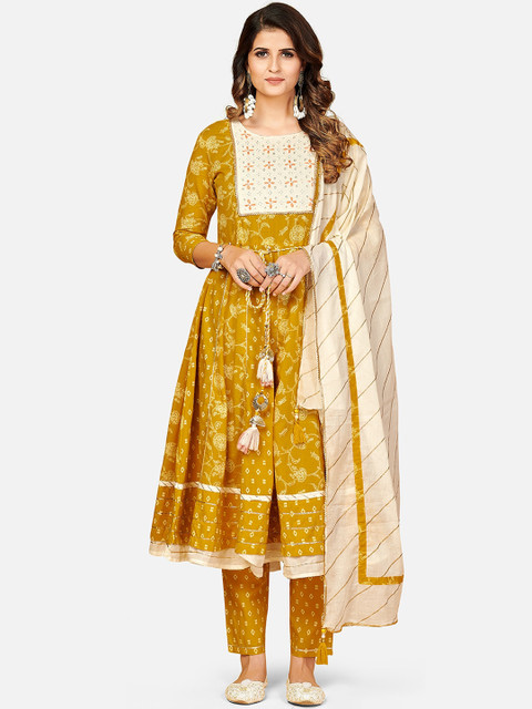 

Vbuyz Women Yellow Ethnic Motifs Printed Pleated Pure Cotton Kurta with Trousers & With Dupatta