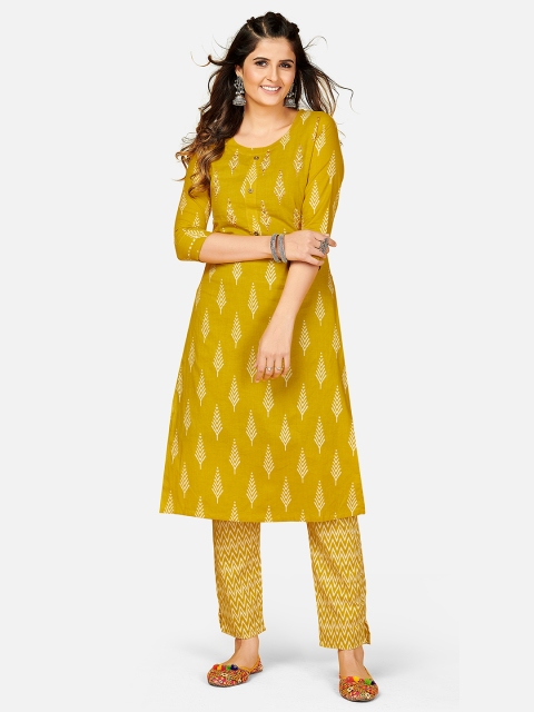

Vbuyz Women Yellow Printed Regular Pure Cotton Kurti with Trousers