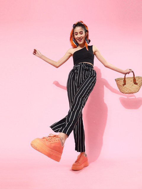 

STALK Women Black One-Shoulder Crop Top with Trousers