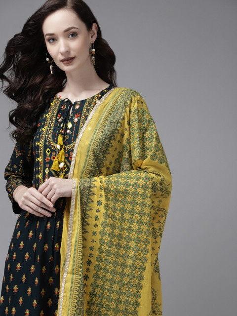 

Indo Era Women Green Ethnic Motifs Printed Empire Mirror Work Kurta with Trousers & With Dupatta