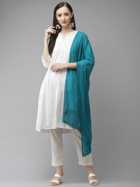 

ADA Teal Ethnic Motifs Embroidered Handloom Dupatta with Thread Work