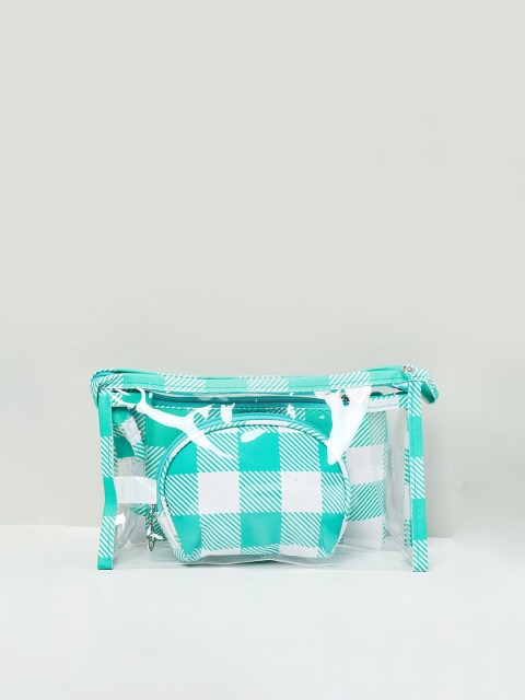 

max Women Sea Green & White 3 Checked PU Zip Around Wallet