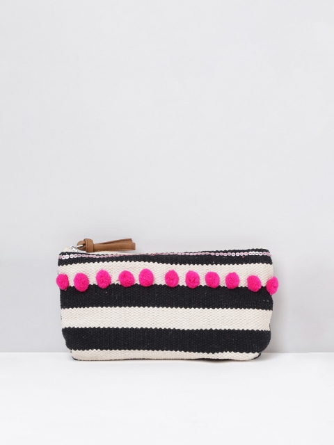 

max Women Off White & Black Striped Applique Zip Around Wallet