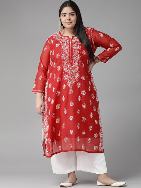 

ADA Women Red & White Ethnic Motifs Embroidered Art Silk Chikankari Handloom Kurta