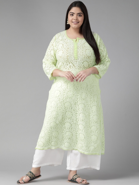 

ADA Women Fluorescent Green & White Floral Embroidered Chikankari Georgette Kurta