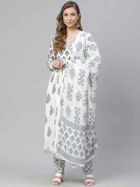 

aayusika Women White Ethnic Motifs Printed Tiered Kurta with Palazzos & With Dupatta