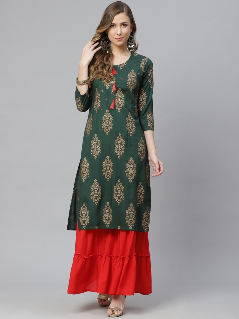 

aayusika Women Green& RedActive Ethnic Motifs Printed Regular Kurta with Sharara
