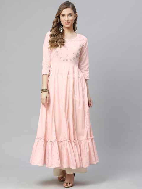 

aayusika Women Pink & Silver-Toned Embroidered Thread Work Anarkali Kurta