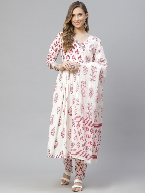 

aayusika Women White Ethnic Motifs Printed Tiered Kurta with Trousers & With Dupatta