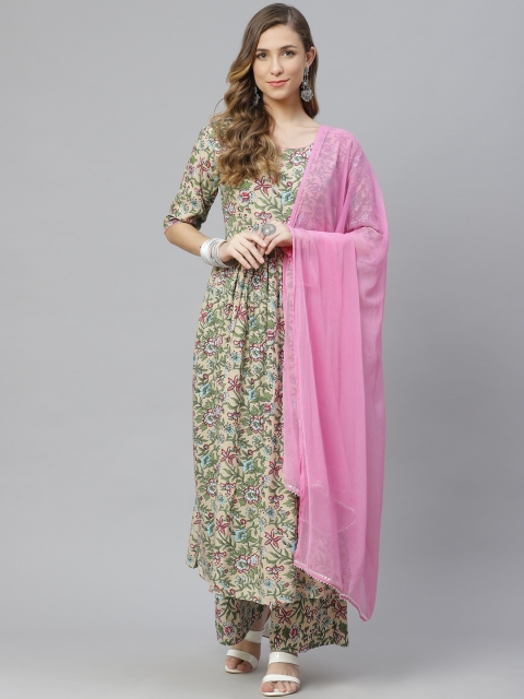 

aayusika Women Green Floral Printed Tiered Kurta with Palazzos & With Dupatta