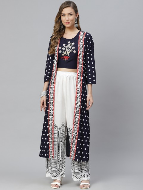 

aayusika Women Blue Floral Embroidered Regular Top with Trousers & Jacket