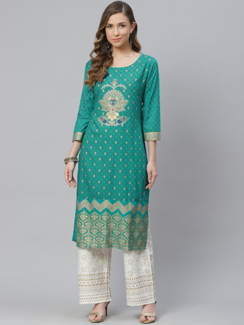 

aayusika Women Turquoise Blue Ethnic Motifs Printed Regular Kurta with Trousers