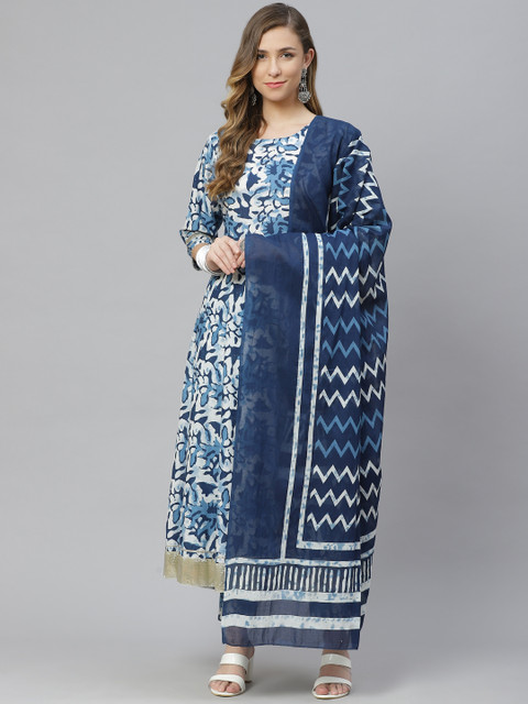 

aayusika Women Blue Floral Printed Tiered Gotta Patti Kurta with Trousers & With Dupatta