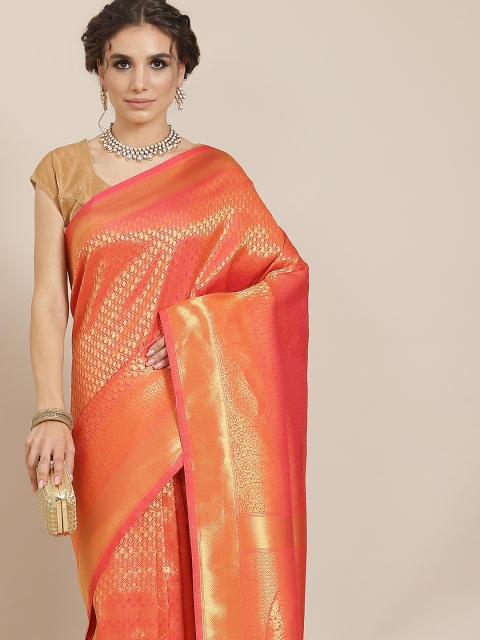 

SHARAA ETHNICA Orange Woven Design Zari Silk Blend Kanjeevaram Saree