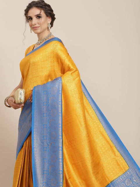 

SHARAA ETHNICA Yellow & Blue Woven Design Zari Silk Blend Kanjeevaram Saree