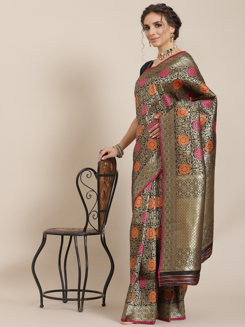 

SHARAA ETHNICA Black Woven Design Zari Silk Blend Kanjeevaram Saree