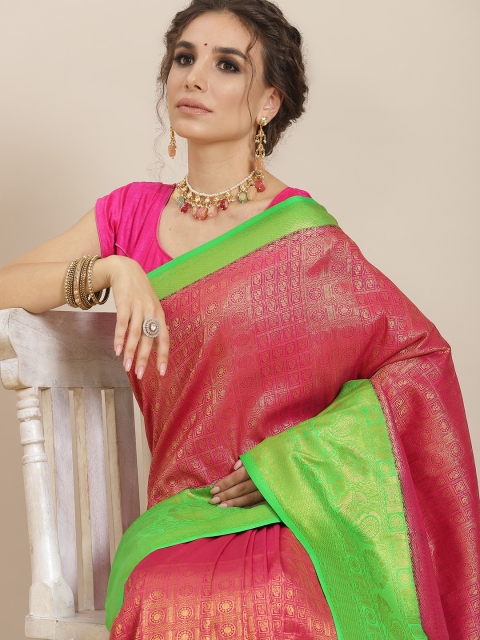 

SHARAA ETHNICA Pink & Green Woven Design Zari Silk Blend Kanjeevaram Saree