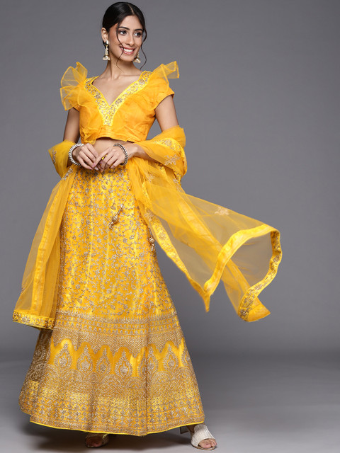 

Chhabra 555 Yellow Embroidered Semi-Stitched Lehenga & Unstitched Blouse With Dupatta