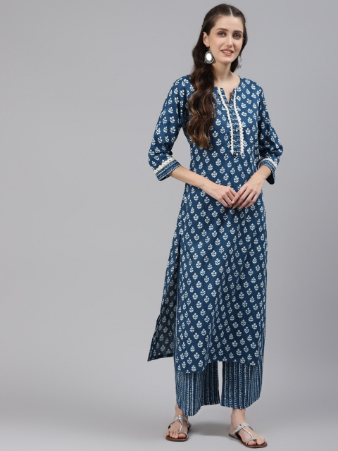 

Readiprint Fashions Women Teal Blue Floral Printed Regular Pure Cotton Kurta with Palazzos