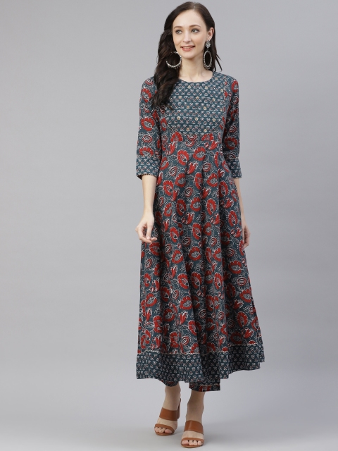 

Divena Women Green Floral Printed Regular Sequinned Pure Cotton Kurti with Trousers