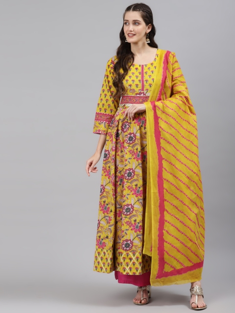 

Readiprint Fashions Women Yellow & Pink Floral Yoke Design Gotta Patti Floral Anarkali Kurta