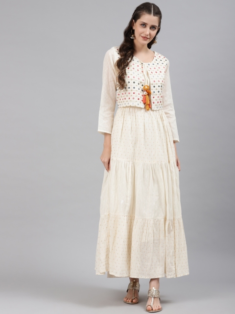 

Readiprint Fashions Women Off-White Embroidered Zari Anarkali Pure Cotton Kurta