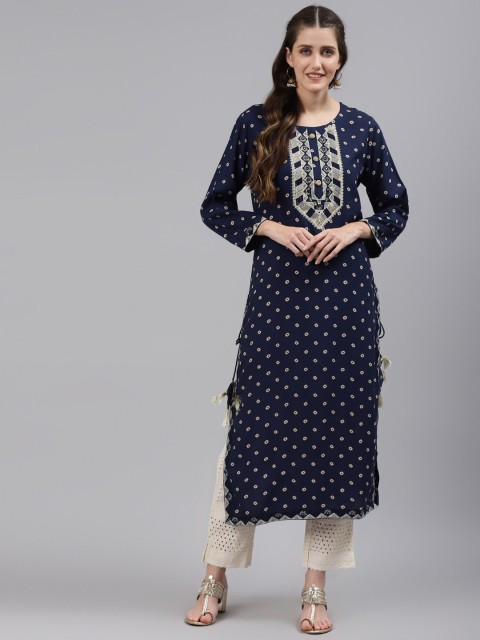 

Readiprint Fashions Women Blue Bandhani Embroidered Regular Kurta with Pyjamas