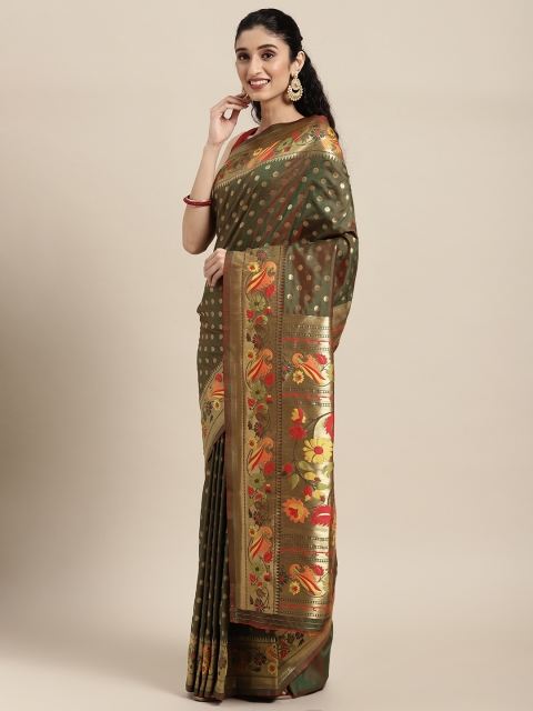 

Mitera Olive Green Zari Silk Blend Paithani Saree