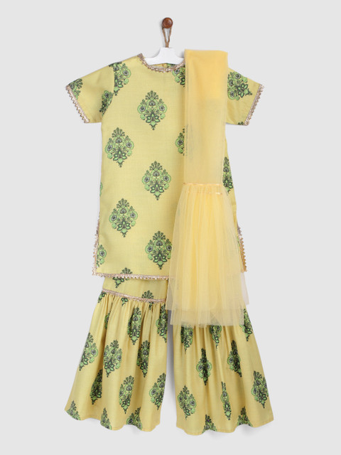 

YK Girls Yellow Ethnic Motifs Printed Regular Gotta Patti Kurta with Palazzos & Dupatta