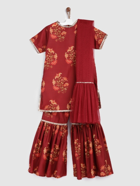 

YK Girls Maroon Ethnic Motifs Printed Regular Kurta with Palazzos & With Dupatta