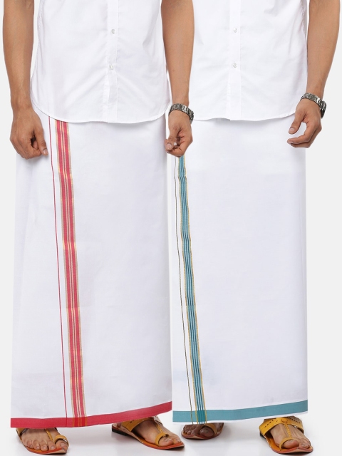 

RAMRAJ COTTON Men Pack of 2 White Solid Pure Cotton Dhotis With Jari Border