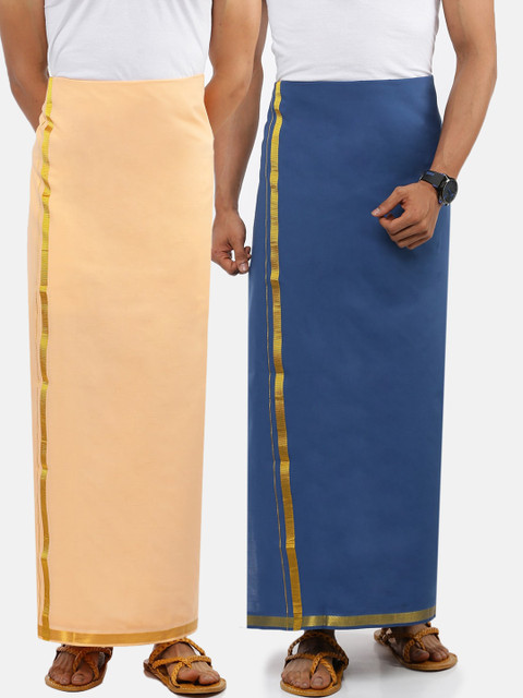 

RAMRAJ COTTON Men Pack Of 2 Solid Pure Cotton Dhotis, Orange