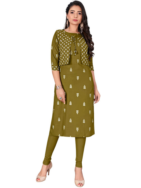 

Viva N Diva Women Olive Green Floral Embroidered Keyhole Neck Thread Work Kurta