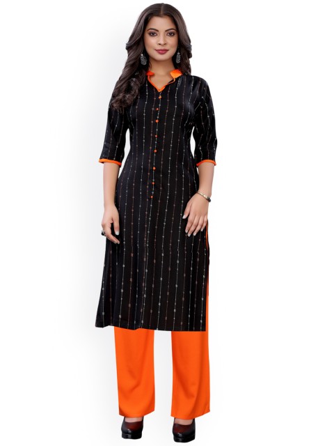 

Viva N Diva Women Black & Orange Striped Regular Kurta with Palazzos
