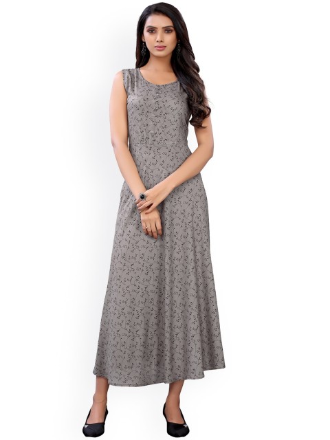 

Viva N Diva Women Grey Geometric Printed Thread Work Floral Anarkali Kurta
