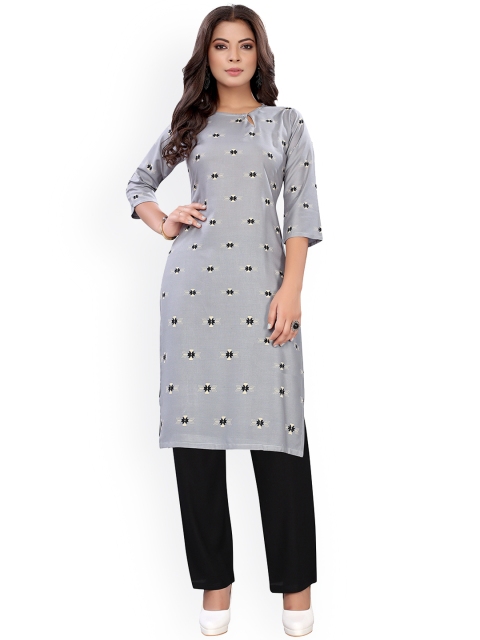 

Viva N Diva Women Grey Foil Printed Regular Kurta with Trousers