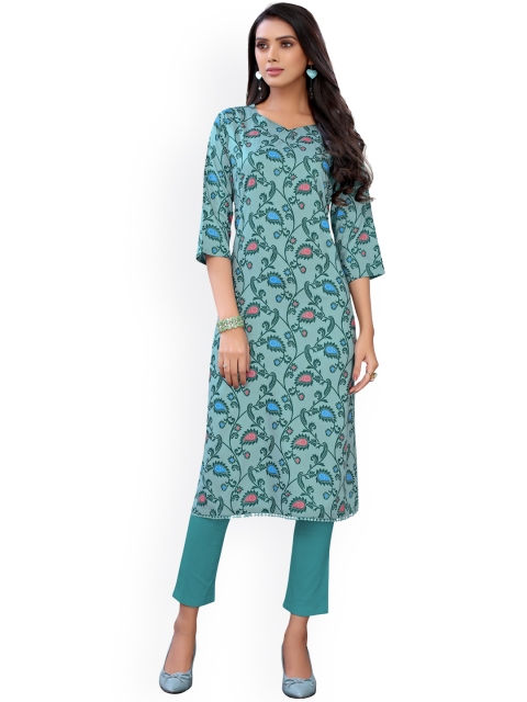 

Viva N Diva Women Teal & sterling blue Floral Printed Extended Sleeves Kurta
