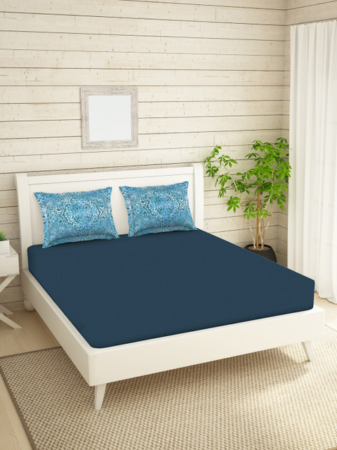 

SPACES Navy Blue 144 TC King Cotton Bedsheet with 2 Pillow Covers