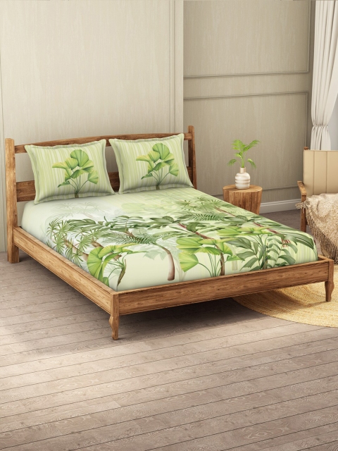 

SPACES Green & White Floral 210 TC King Bedsheet with 2 Pillow Covers
