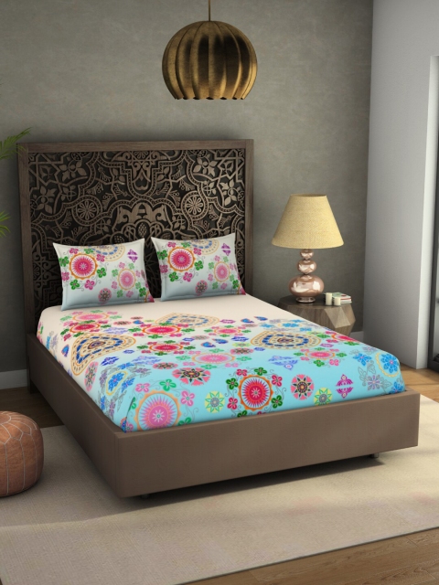 

SPACES Rangana Padmapriya Blue & Pink Floral 300 TC King Bedsheet with 2 Pillow Covers