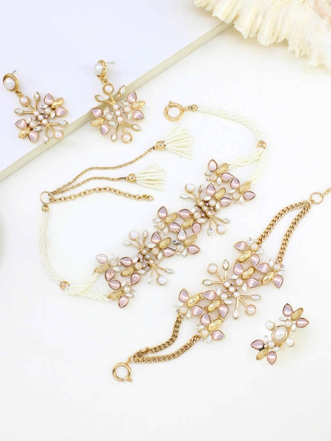 

Runway Ritual Gold-Plated Pink & White Stone-Studded & Beaded Jewellery Set
