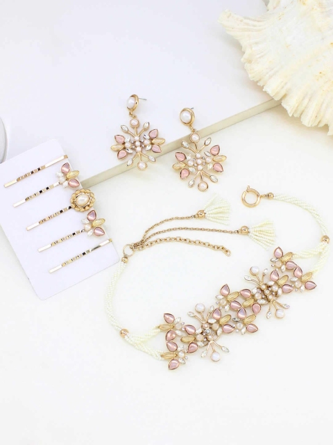 

Runway Ritual Gold-Plated Pink & White Stone-Studded Jewellery Set