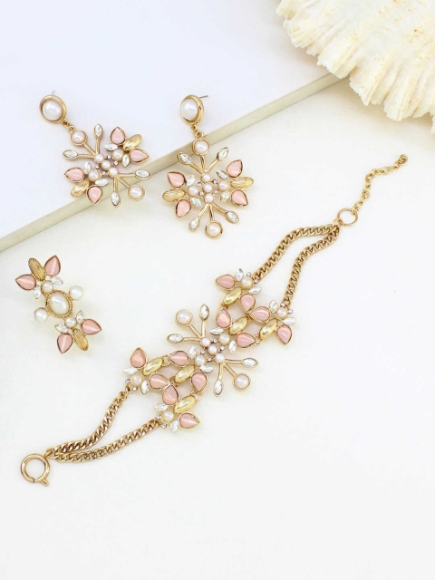 

Runway Ritual Gold-Plated White & Pink Stone-Studded & Beaded Jewellery Set
