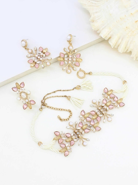 

Runway Ritual Pink Gold plated Traditional Artificial Stone Studded Necklace With Ring