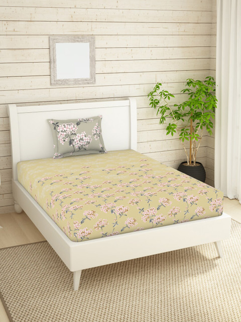 

SPACES Yellow & Pink Floral 144 TC Single Bedsheet with 1 Pillow Covers