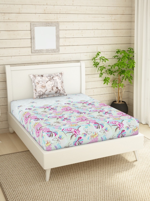 

SPACES Grey & Pink Floral 144 TC Single Bedsheet with 2 Pillow Covers