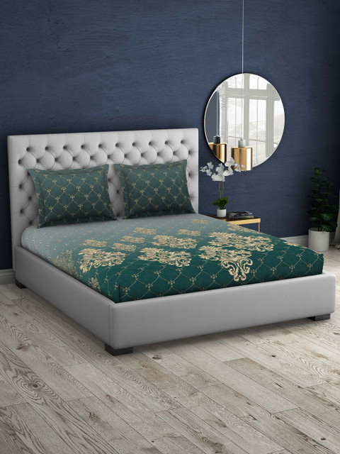 

SPACES Green & Grey Ethnic Motifs 210 TC King Bedsheet with 2 Pillow Covers