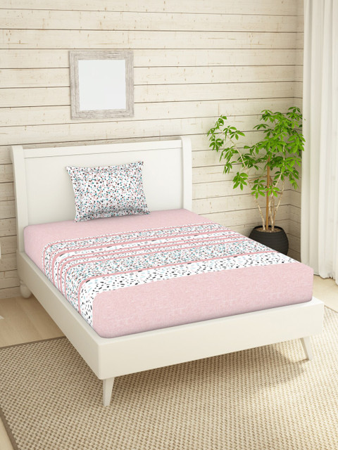 

SPACES Pink & White 144 TC Single Bedsheet with 2 Pillow Covers